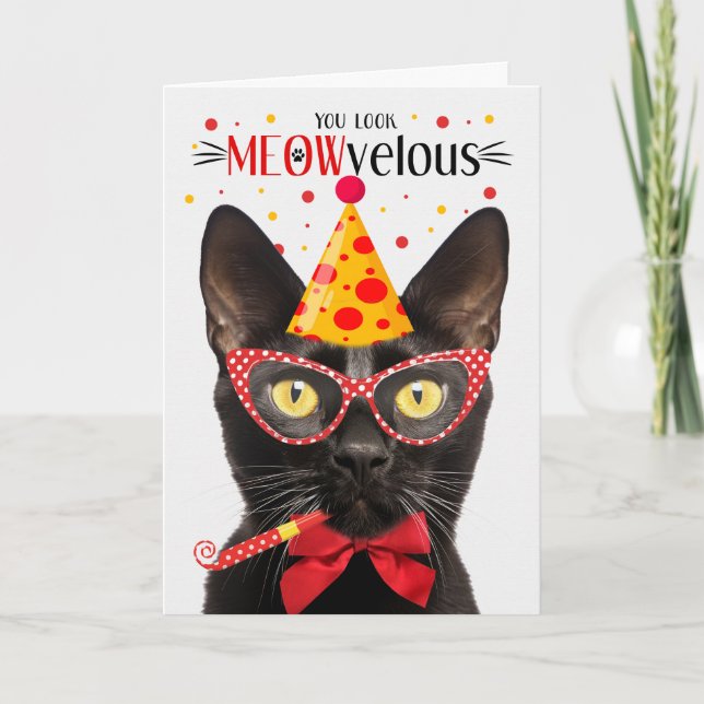 Black Bombay Cat MEOWvelous Birthday Card (Front)