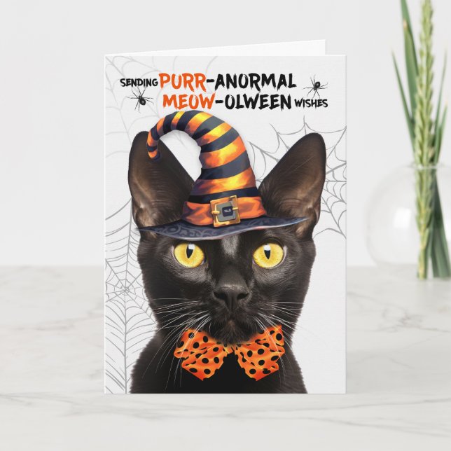Black Bombay Halloween Cat PURRanormal MEOWolween Holiday Card (Front)