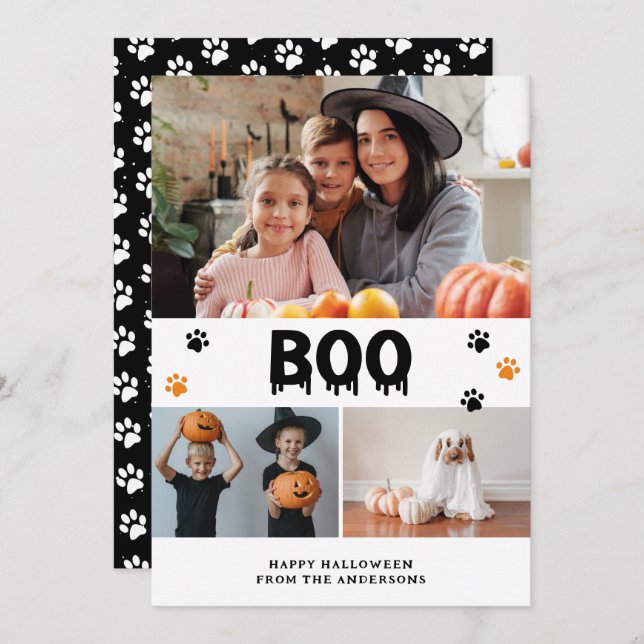 Black Boo Pet Photo Happy Halloween Card (Front/Back)