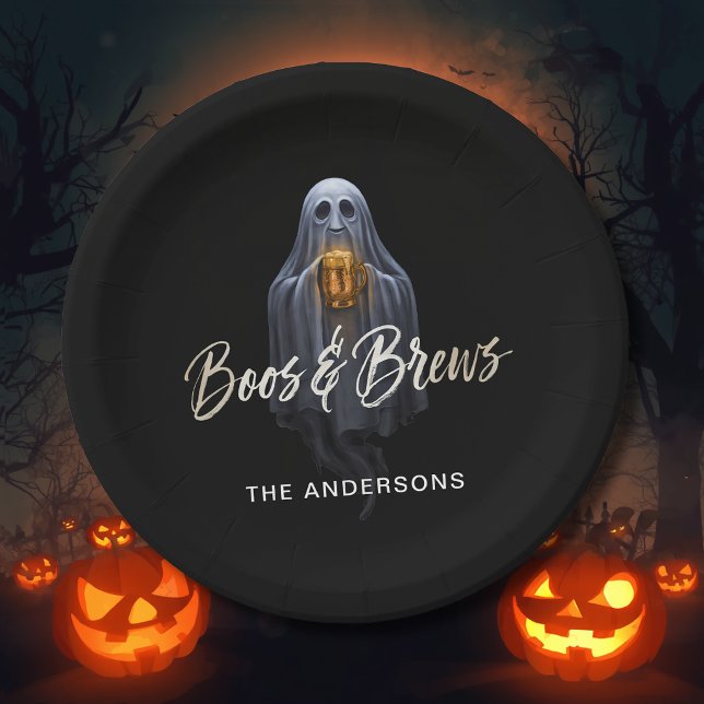 Black Boos & Brews Ghost Halloween Paper Plate (Creator Uploaded)