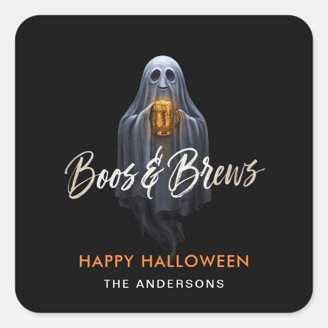 Black Boos & Brews Ghost Halloween Square Sticker (Front)