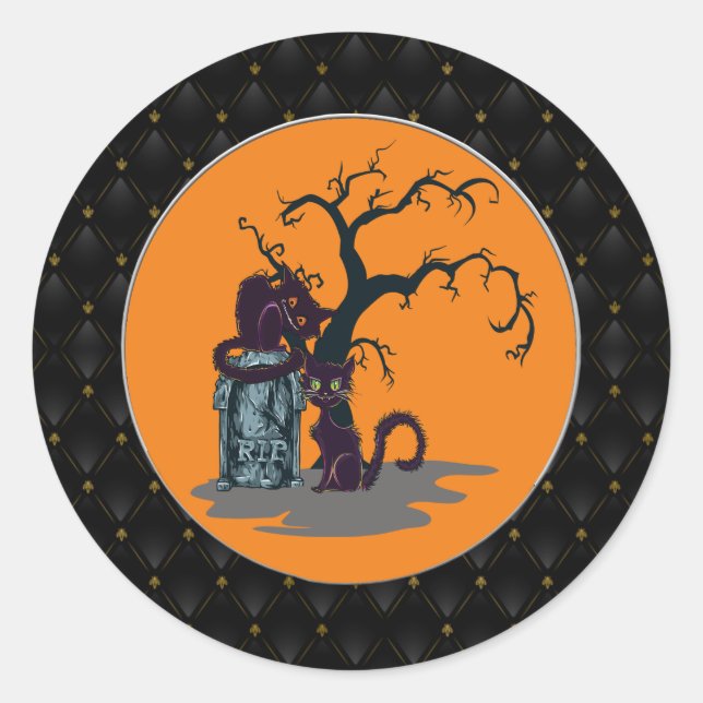 Black Border Black Cats Tombstone Tree Halloween Classic Round Sticker (Front)