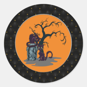 Black Border Black Cats Tombstone Tree Halloween Classic Round Sticker