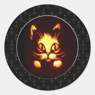 Black Border Orange Glowing Halloween Cat Classic Round Sticker