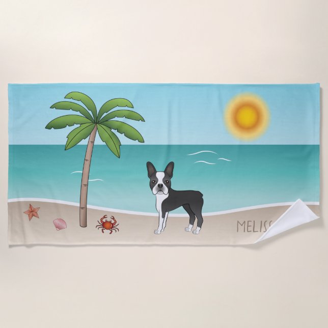 Black Boston Terrier At A Tropical Summer Beach Beach Towel (Front)