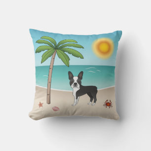 Black Boston Terrier At A Tropical Summer Beach Cushion