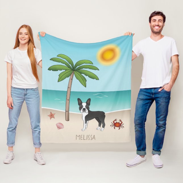Black Boston Terrier At A Tropical Summer Beach Fleece Blanket (In Situ)