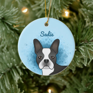 Black Boston Terrier Cartoon Dog On Blue & Name Ceramic Tree Decoration