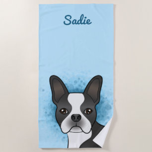 Black Boston Terrier Cute Dog Head On Blue & Name Beach Towel