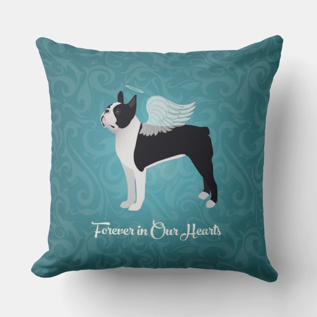 Black Boston Terrier Dog Angel Pet Memorial Cushion (Front)