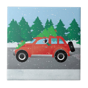 Black Boston Terrier Driving Christmas Car Tile