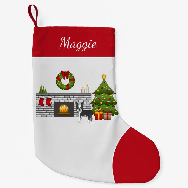 Black Boston Terrier In A Festive Christmas Room Small Christmas Stocking (Front)