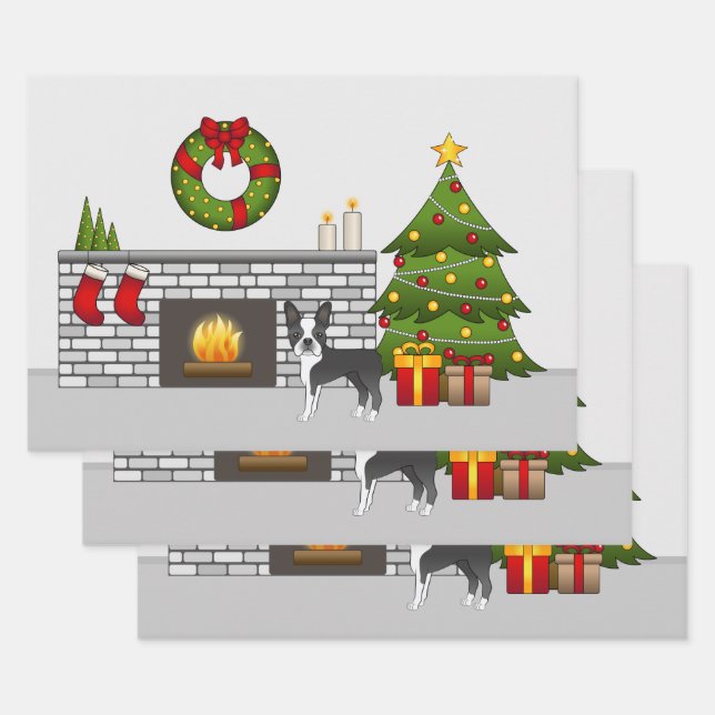 Black Boston Terrier In A Festive Christmas Room Wrapping Paper Sheet (Set)
