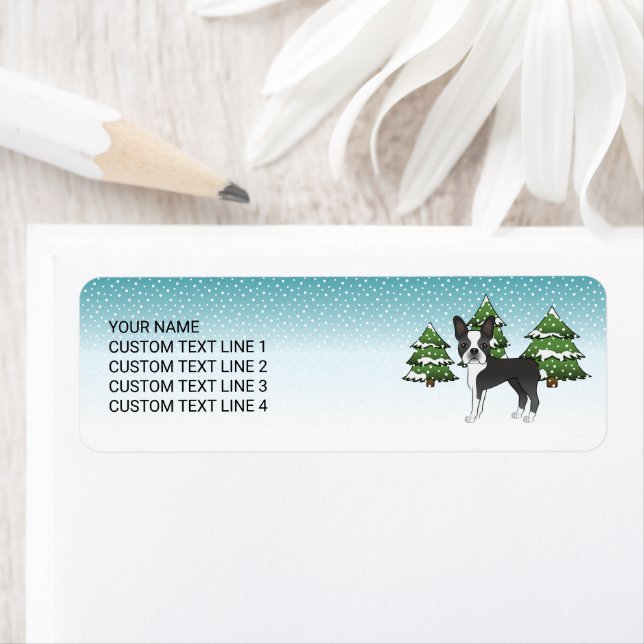 Black Boston Terrier In A Winter Forest (Insitu)