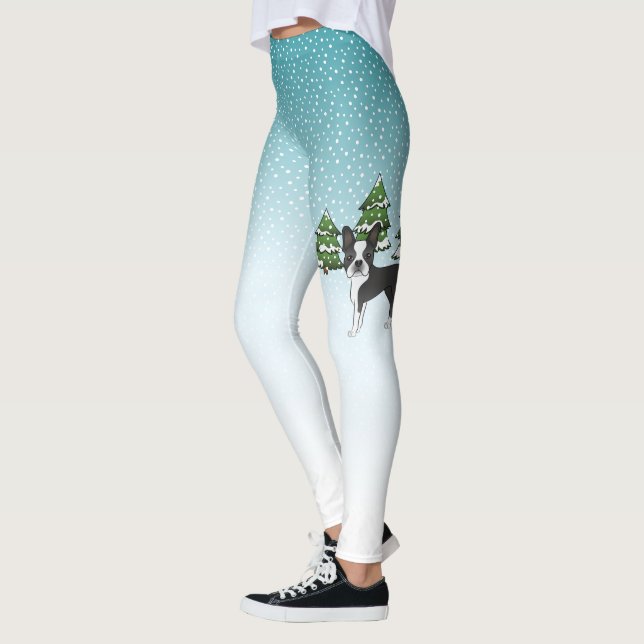 Black Boston Terrier In A Winter Forest Leggings (Left)