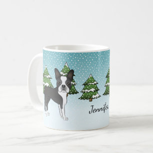 Black Boston Terrier In A Winter Forest & Name Coffee Mug