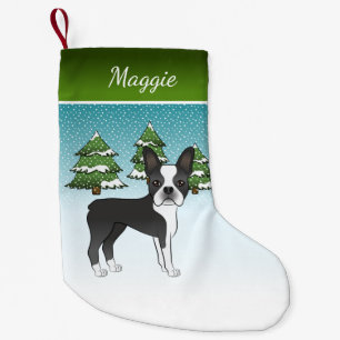 Black Boston Terrier In A Winter Forest & Name Small Christmas Stocking
