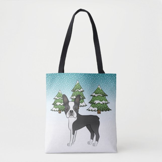 Black Boston Terrier In A Winter Forest Tote Bag (Front)