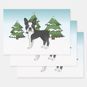 Black Boston Terrier In A Winter Forest Wrapping Paper Sheet