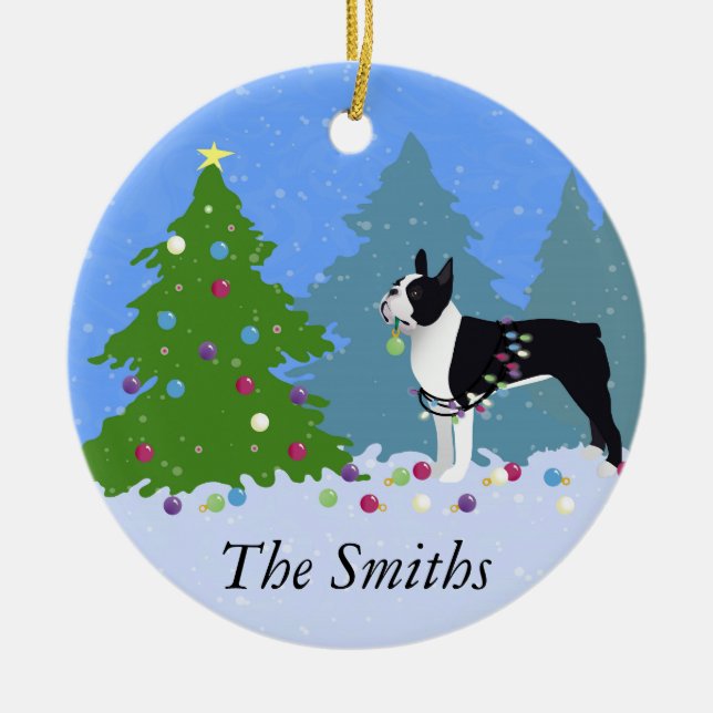 Black Boston Terrier in Christmas Forest Ceramic Tree Decoration (Front)