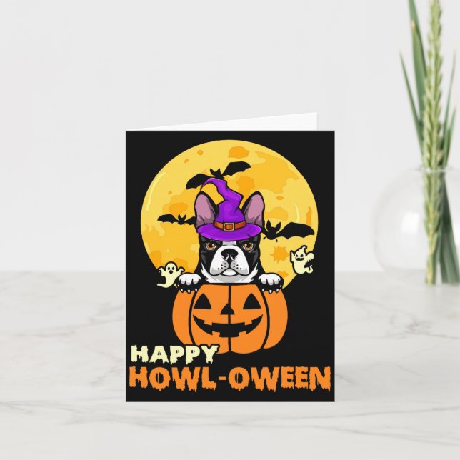 Black Boston Terrier Witch Dog Lover Happy Card (Front)