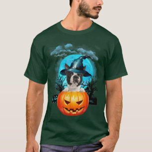 Black Boston Terrier Witch Pumpkin And Blue Moon 1 T-Shirt