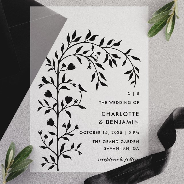 Black Botanical Bird Arch Wedding  Vellum Invitations (Creator Uploaded)