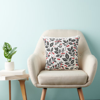 Black Botanical Cherries Seamless Pattern Cushion