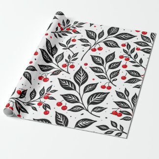 Black Botanical Cherries Seamless Pattern Wrapping Paper