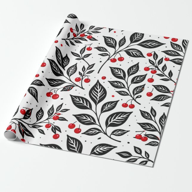 Black Botanical Cherries Seamless Pattern Wrapping Paper (Unrolled)