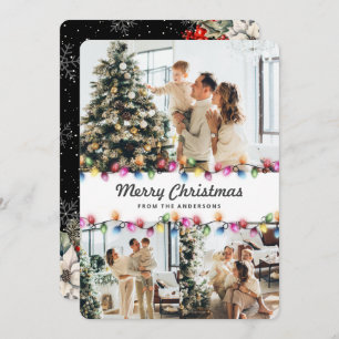 Black Botanical Colorful Christmas Lights Photo Holiday Card