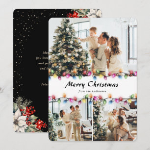 Black Botanical Colourful Christmas Lights Photo Holiday Card