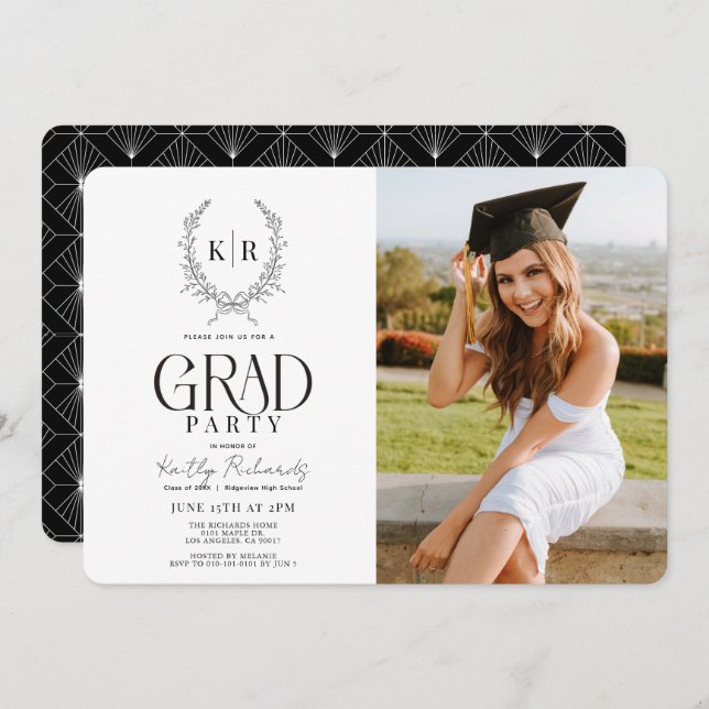 Black Botanical Crest Monogram Graduation Photo Invitation (Front/Back)