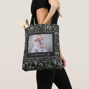 Black botanical elegant modern family photo fleece tote bag