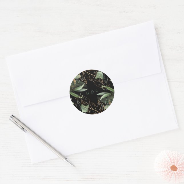 Black Botanical Eucalyptus Green Emerald Monogram Classic Round Sticker (Envelope)