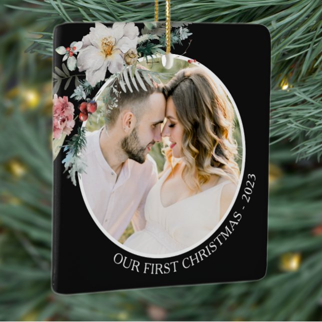 Black Botanical First Christmas Ceramic Ornament (Elegant Black Photo Holiday Christmas Ornament Watercolor Botanical Floral Berries)