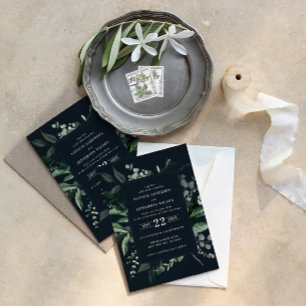 Black botanical floral elegant wedding details QR  Invitation