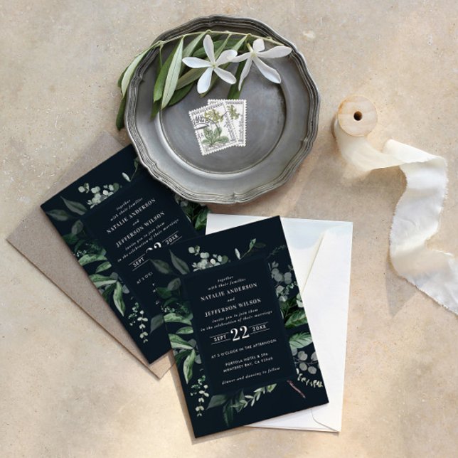 Black botanical floral elegant wedding details QR  Invitation (Creator Uploaded)