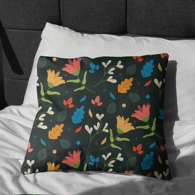 Black Botanical Floral Print Cushion (Stylish Elegant Black Floral Pattern Pillow)
