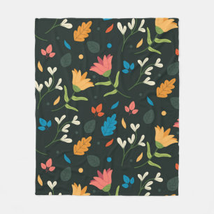 Black Botanical Floral Print Fleece Blanket
