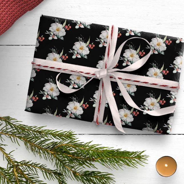 Black Botanical Holiday Wrapping Paper (Black White Red Boho Floral Christmas Holiday Wrapping Paper)