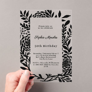 Black botanical luxury clear birthday acrylic invitations