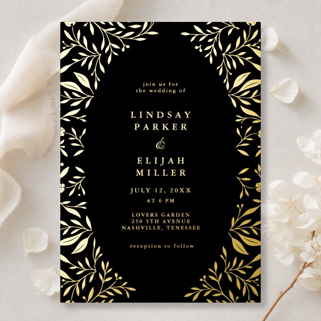 Black Botanical Luxury Wedding  (Black Botanical Luxury Wedding Foil Invitation)