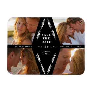 Black Botanical Modern Collage 4 Photos Wedding Magnet