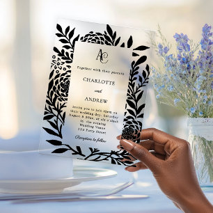 Black botanical modern monogram luxury wedding acrylic invitations