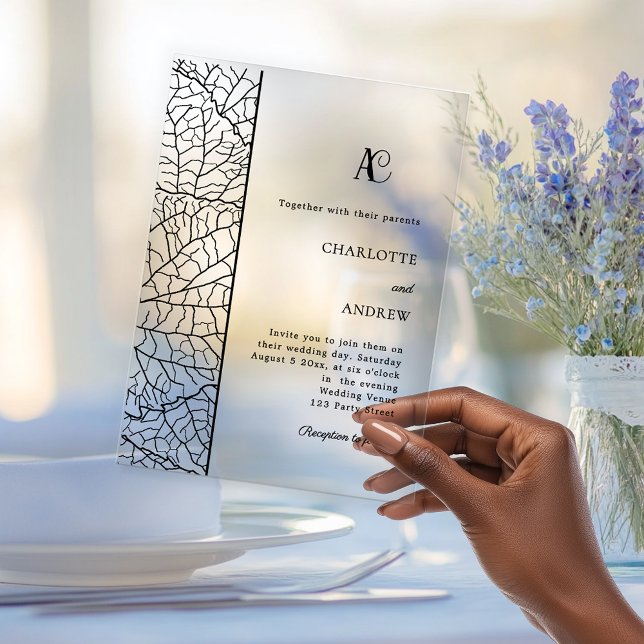 Black botanical monogram clear luxxury wedding acrylic invitations (Creator Uploaded)