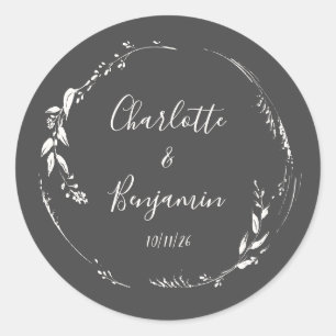 Black Botanical Personalised Script Wedding Names  Classic Round Sticker
