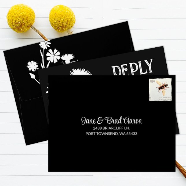 Black Botanical, Pre-addressed RSVP Envelope (simple black enclosure card envelopes for bat mitzvah rsvp cards, pre-addressed for return mail)