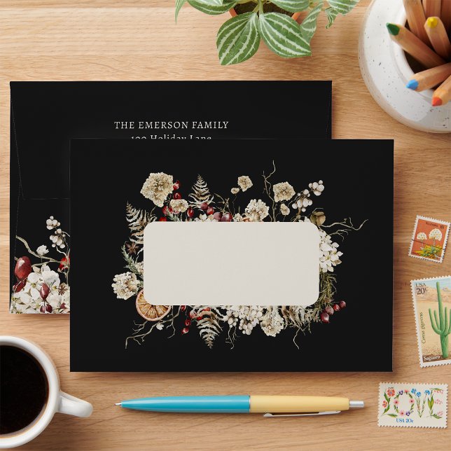 Black Botanical Return Address Envelope (Boho Botanical Holiday Card
)