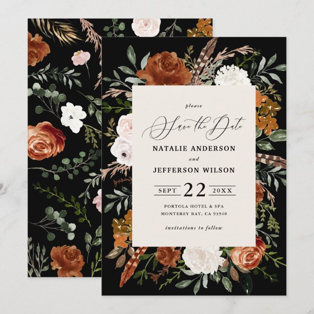 Black botanical rustic elegant modern wedding save the date (Front/Back)